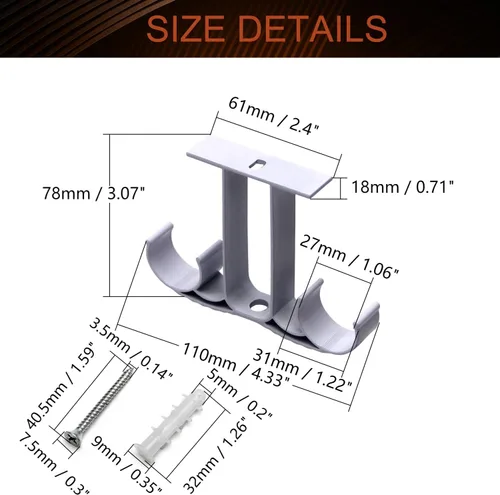 Miniatura 2 de MroMax Paquete de 2 soportes de barra de cortina para colgar en el techo, soportes de barra de cortina dobles para cortinero, aleación de aluminio