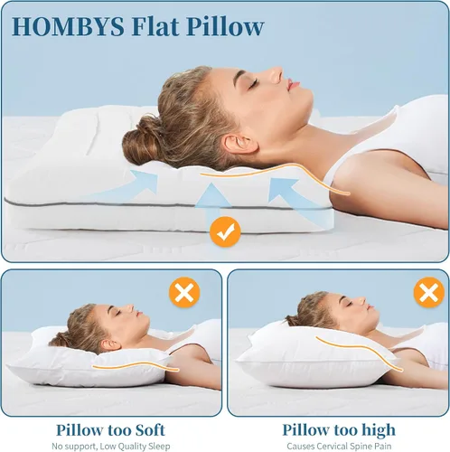 Miniatura 4 de HOMBYS Almohada de cama plana ultra fina para personas que duermen boca abajo y espalda, almohada cervical alternativa de plumón tamaño Queen