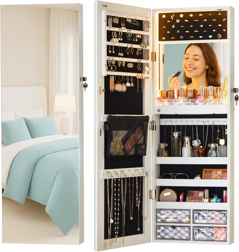 LUXFURNI Espejo con luces LED, armario de joyería montado en la pared o para colgar en la puerta, espejo de longitud completa de 42 pulgadas con