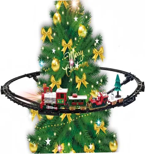 Miniatura 4 de Juego de tren de árbol de Navidad con luz y sonido colgante de tren de Navidad con locomotora trineo de carro y pistas para niños árbol de regalos .