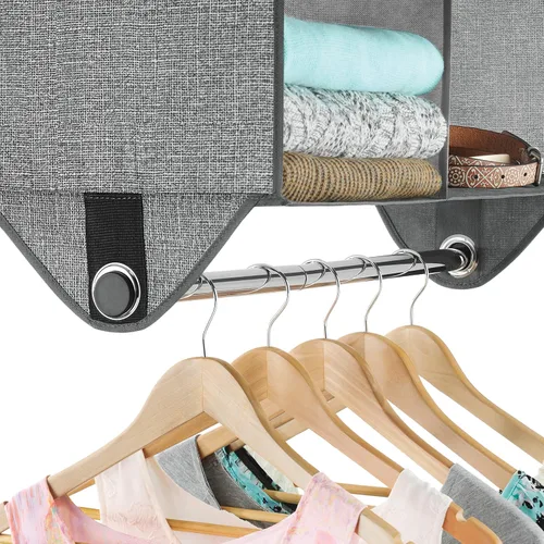 Miniatura 4 de Whitmor Estantería organizadora de armario de tela de 4 secciones con barra de ropa de cromo incorporada Gris claro + gris oscuro
