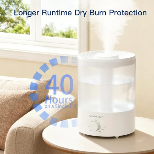 Miniatura 7 de MegaWise Humidificador ultrasónico de niebla fría Funcionamiento silencioso, llenado superior, apagado automático Ideal para dormitorio, White01