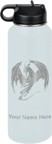 Miniatura 15 de LaserGram Botella de agua con tapa abatible de doble pared de 12 onzas con pajilla, dragón, grabado personalizado incluido (negro)