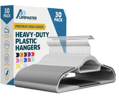 Lifemaster Juego de perchas de plástico para ropa, 30 piezas, versátil, ligero, ahorro de espacio, antideslizante, diseño delgado, juego de perchas