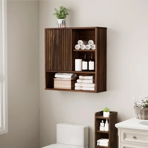 Miniatura 7 de FerniTry Armario de Pared de Baño Estilo Granja Acanalado, Botiquín Sobre el Inodoro Armario de Almacenamiento con Estante Ajustable, Organizador