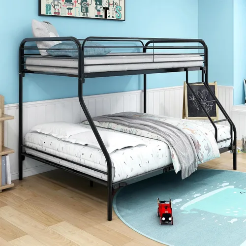 Miniatura 3 de Anwick Literas de tamaño individual sobre matrimonial con escaleras, literas de metal de perfil bajo con riel para niños, adolescentes y adultos