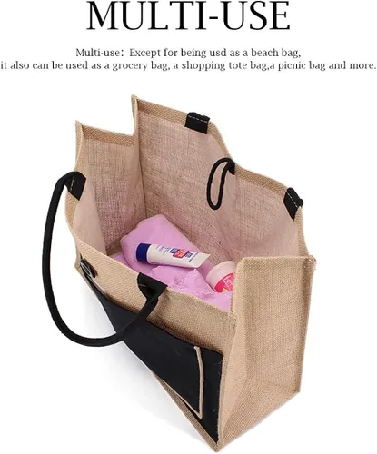 Miniatura 6 de TANOSII Bolsa de playa de paja para mujer, bolsa de yute tejida a mano