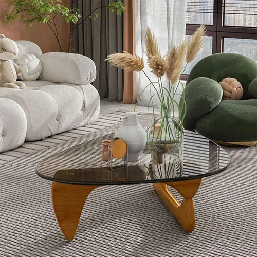 Miniatura 7 de Mesa de Centro Triangular con Base de Madera, Superficie de Vidrio Transparente, Mesa de Vidrio de Mediados de Siglo, Mesa Auxiliar Abstracta