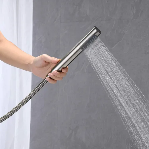 Miniatura 6 de Wowkk Grifo de bañera independiente, relleno de bañera de níquel cepillado, montaje en el suelo, latón de una sola manija, grifos de baño con ducha