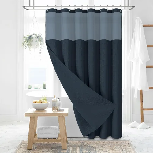 Miniatura 47 de Dynamene cortina de ducha de lino burdeos - cortinas de tela de nido de abeja texturizadas y resistentes para baño, 256GSM, juego de cortinas