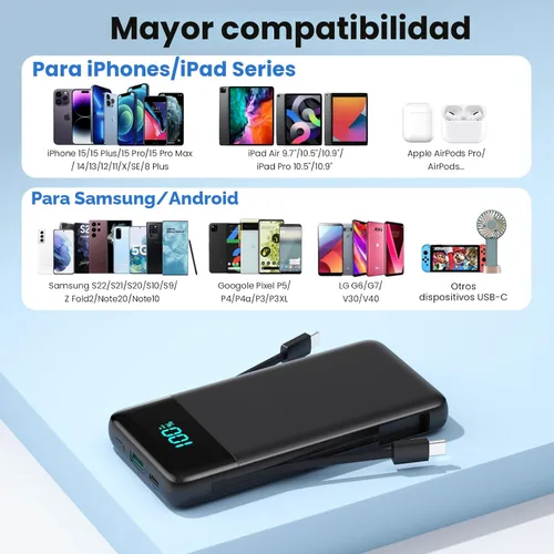 Miniatura 6 de Cargador portátil para iPhone con cables integrados y enchufe de pared, cargador de batería USB C de carga rápida de 13800 mAh, 4 salidas, paquete