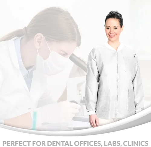 Miniatura 61 de Paquete de 10 chaquetas desechables de laboratorio, chaqueta médica reutilizable hasta la cadera, unisex, con puños de punto y bolsillos