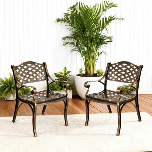 Miniatura 15 de Juego de 2 sillas de comedor de aluminio fundido para exteriores, juego de sillas de bistró para patio con reposabrazos, sillas de comedor