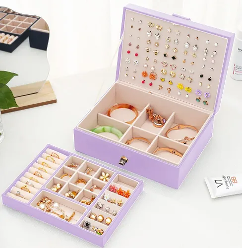 Miniatura 2 de QBestry Organizador de aretes de tuerca para niñas, caja de joyería morada para aretes, collar, organizador de joyas, caja de aretes para mujer