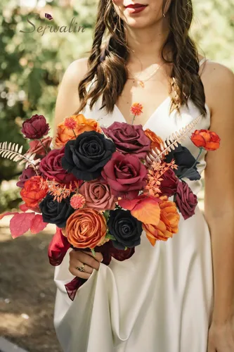 Miniatura 5 de Serwalin - Flores artificiales negras y naranjas de otoño, flores de Halloween, flores de boda negras para ramos de boda DIY, centros de mesa