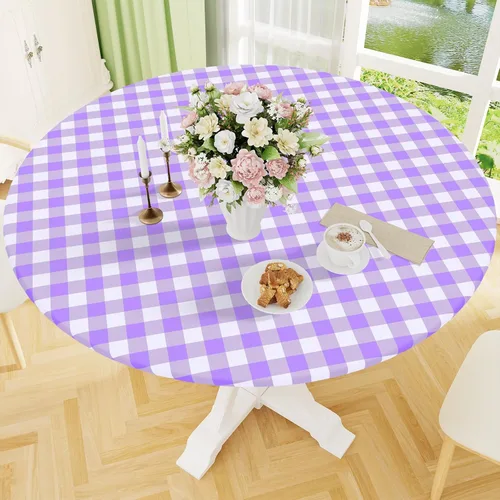 Miniatura 33 de Smiry - Mantel redondo de picnic de vinilo elástico impermeable con respaldo de franela, mantel de vinilo ajustable para mesas de 31-35 pulgadas