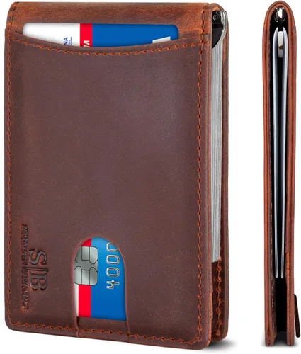 Miniatura 20 de SERMAN BRANDS - Billetera sencilla de cuero genuino con bloqueo RFID para hombre, billetera delgada con bolsillo frontal y clip para dinero