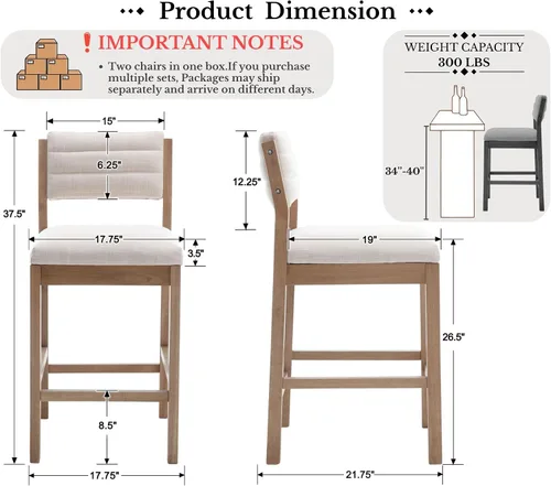 Miniatura 2 de Juego de 2 taburetes de bar altos de 26.5 pulgadas, taburetes de mostrador modernos con respaldos, sillas de altura de bar tapizadas en lino beige