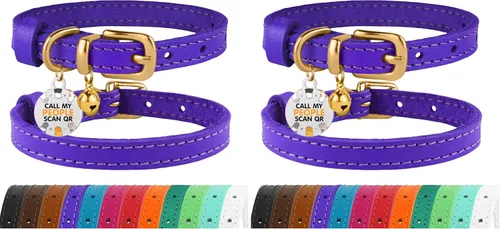 Miniatura 32 de BRONZEDOG Collar de cuero para gato con campanas extraíbles sin liberación rápida, etiqueta QR para gatito para niña y niño