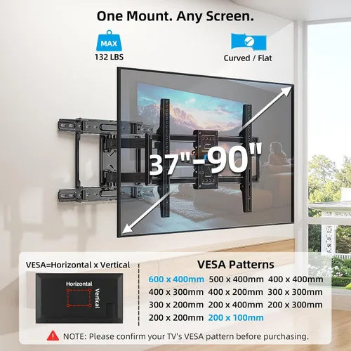 Miniatura 7 de HOME VISION Full Motion Articulating TV Wall Mount for 37-90 Inch TVs, Fits 24" Wood Studs (8-24"), Heavy Duty TV Bracket Holds 132 lbs, Mounts