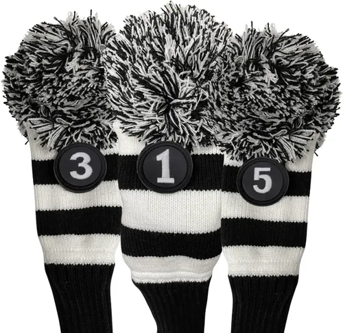 Majek - Fundas para la cabeza del club de golf: color blanco y negro, edición limitada, estilo retro, de la vieja escuela, vintage, a rayas,