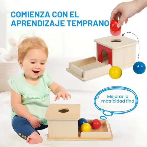 Miniatura 6 de Adena Montessori Juguete de madera para bebés de 6 a 12 meses, 3 bolas, caja de permanencia de objetos con puerta roja, juguete educativo colorido