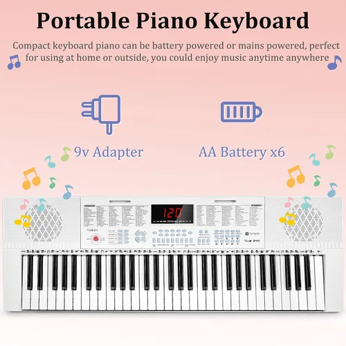 Miniatura 5 de Vangoa VGK611 Teclado Eléctrico para Principiantes, Teclado de Música Portátil de 61 Teclas con Mini Teclas Iluminadas, Piano Electrónico para Blanco