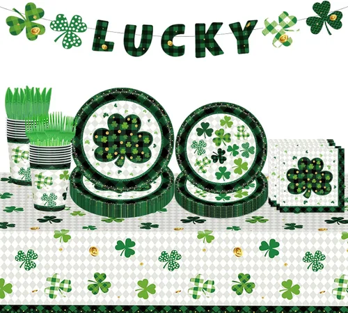 98 piezas de suministros para fiesta del día de San Patricio, juego de vajilla de trébol irlandés verde, suministros de fiesta de cumpleaños,