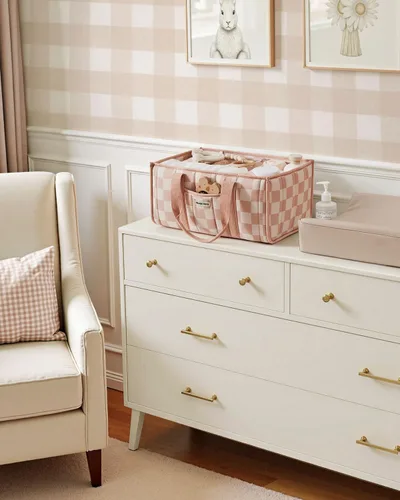 Miniatura 5 de Blissful Diary Organizador de pañales a cuadros, elegante cesta de almacenamiento para guardería, regalo para baby shower, artículos esenciales