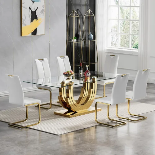 Miniatura 13 de Juego de mesa de comedor de cristal dorado moderno de 70 pulgadas para 4, juego de mesa rectangular de 5 piezas con base de acero en forma de anillo