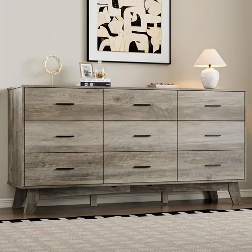 Miniatura 16 de BORNOON Cómoda para dormitorio con 6 cajones, cajonera moderna de 47.2" con manijas de metal, base en forma de X y pata central ajustable