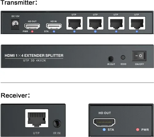 Miniatura 4 de Divisor extensor HDMI 1x4 HD 4K @60Hz a través de cable Ethernet CAT5/CAT6/CAT7, hasta 196 pies de bucle equipado con IR POC y EDID 1x4 4K60Hz 196ft