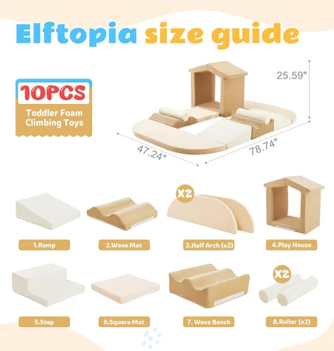 Miniatura 2 de Elftopia Juego de 10 bloques de espuma para escalar con rampa y escaleras para niños pequeños, juego de gimnasio de espuma suave, juguetes