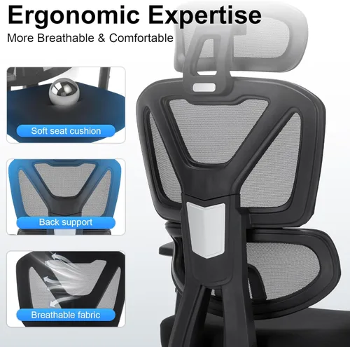 Miniatura 4 de Silla de oficina ergonómica, silla de escritorio para computadora con soporte lumbar ajustable y reposacabezas 3D, reposabrazos 5D, reclinable
