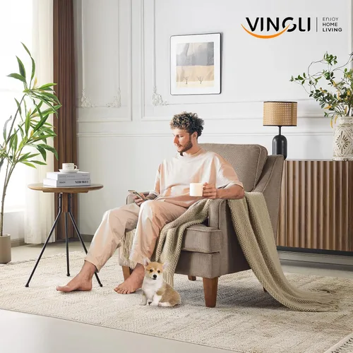 Miniatura 9 de VINGLI Mid-Century Modern Accent Chair, Light Brown Upholstered Armchair Comfy Sofa Chair Reading Chair High Back for Living Room Bedroom Furniture