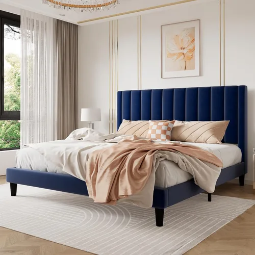 Miniatura 19 de SHA CERLIN - Base de cama tapizada de terciopelo tamaño completo con cabecero/Base de cama tapizada de plataforma con cabecero/Soporte de listones
