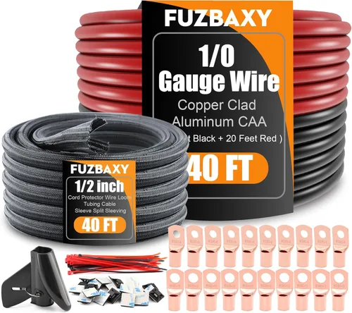 Cable de alambre de calibre 0 de 40 pies de aluminio revestido de cobre, Cable de batería 1/0, Conectores de terminales tipo oreja, Tubo