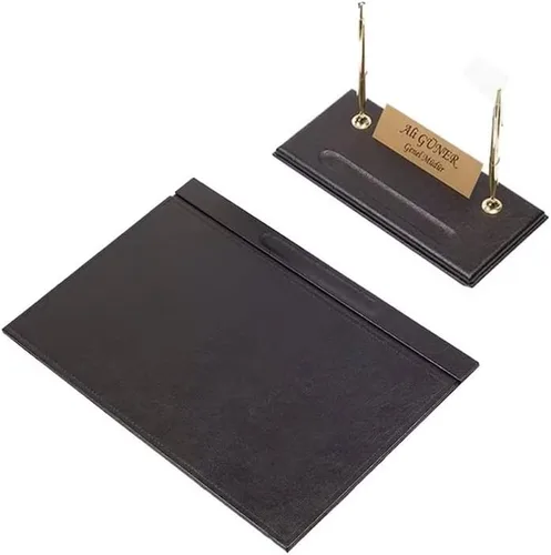 MOOGCO Juego de escritorio de cuero, almohadilla de escritorio, soporte para placa de nombre con 2 bolígrafos, 2 accesorios, organizador de