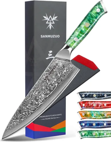 Miniatura 6 de Cuchillo de chef de 8 pulgadas, serie Xuan, VG10, cuchillo de cocina de acero damasco, mango de resina (azul zafiro)