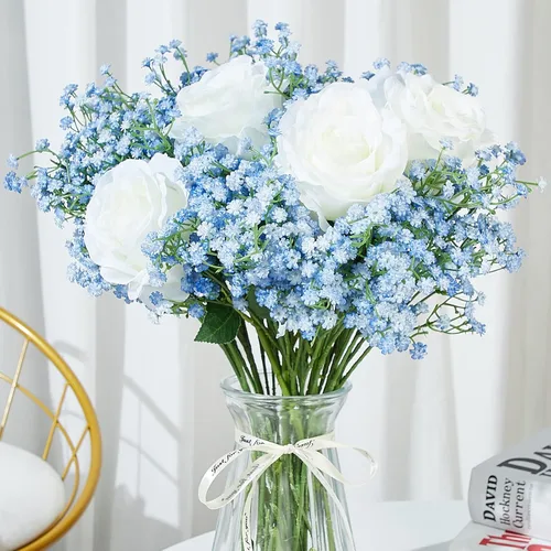 Miniatura 7 de LYLYFAN Flores artificiales de aliento de bebé, 12 unidades, flores de gypsophila de tacto real para boda, fiesta, hogar, jardín, decoración azul