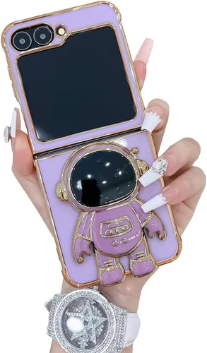 Miniatura 16 de Funda compatible con Samsung Galaxy Z Flip 5/Z Flip 6 con soporte, diseño de astronauta 3D de lujo para mujeres, funda protectora suave diseñada