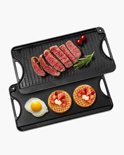 Miniatura 11 de VEVOR Parrilla/plancha reversible, plancha de hierro fundido pre-sazonada de 14 x 8.5 pulgadas, sartén rectangular portátil con asa, utensilios