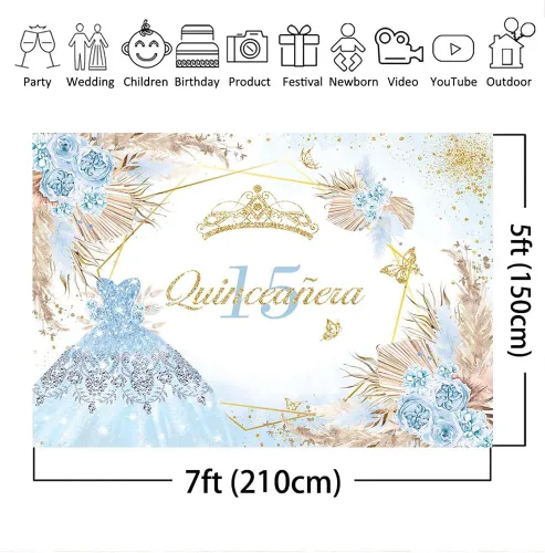 Miniatura 4 de Mocsicka Quinceanera - Telón de fondo de cumpleaños número 15, para mujeres y niñas, bohemio, elegante, flores rosadas, fondo de vinilo bohemio, Azul