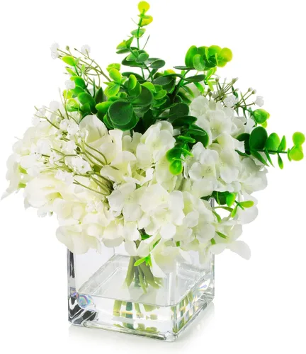 ENOVA FLORAL Flores de hortensias sintéticas con jarrón, mezcla de flores de hortensias falsas y vegetación en jarrón con agua sintética para