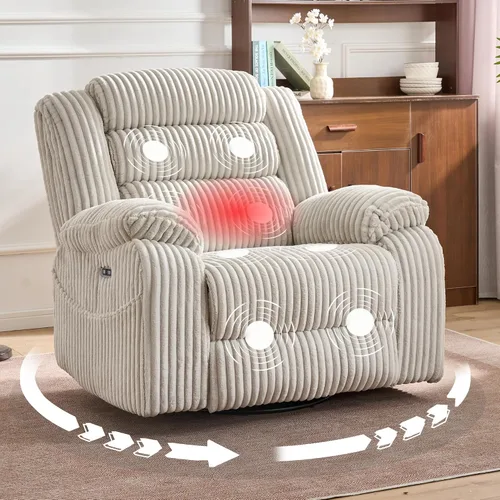 JUUXO Mecedora giratoria extra ancha para adultos con masaje de calor, carga USB y tipo C, mecedora eléctrica para sala de estar, guardería,