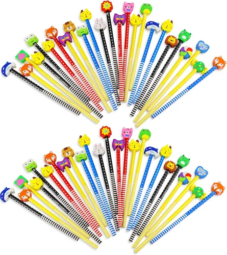 Miniatura 9 de Paquete de 50 lápices de animales de dibujos animados con borradores, lápices divertidos azules para niños, lindo juego de lápices y borradores