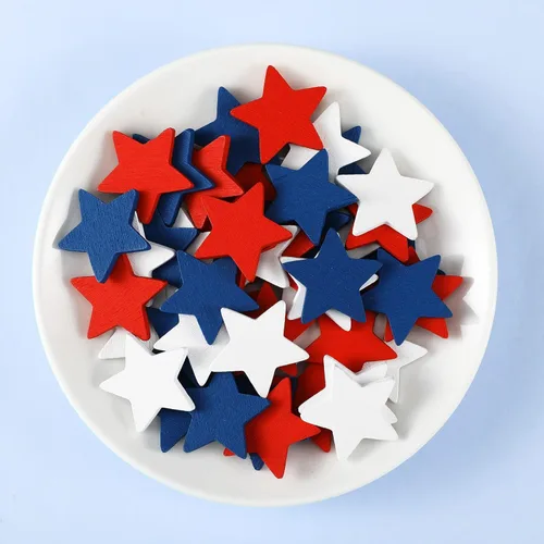 Bucherry 45 piezas de estrellas de madera del 4 de julio, decoración patriótica de estrella roja, blanca y azul, 250 adornos de aniversario,