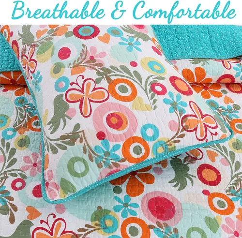 Miniatura 4 de Cozy Line Home Fashions Juego de ropa de cama reversible para niña, color rosa, verde, azul, naranja, colorido, floral, fantasía, colcha
