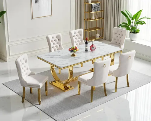 Miniatura 12 de Juego de mesa de comedor de mármol para 4, mesa de cocina rectangular de mármol blanco de 70 pulgadas con base en O de acero inoxidable dorado