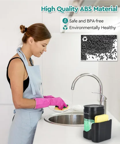 Miniatura 3 de Dispensador de jabón para platos 3 en 1 con soporte de esponja para fregadero de cocina (incluye una esponja), juego de dispensador de jabón de Negro